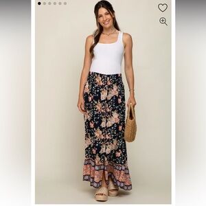 Navy Blue Floral Border Print Smocked Waist Button Front Maternity Maxi Skirt